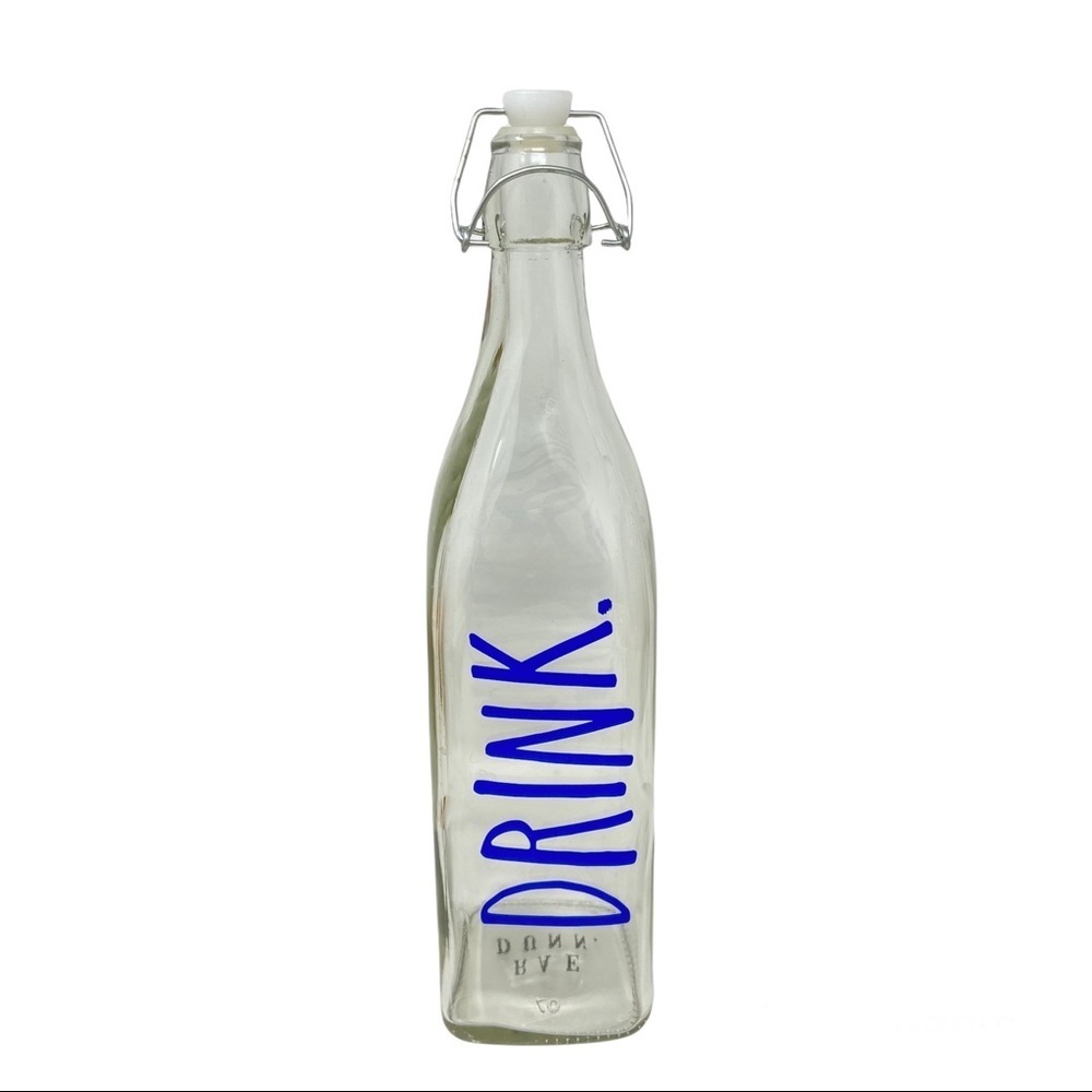 Rae Dunn Bail & Trigger Bottles Sip “FLOW” Enjoy Clear Blue Letters